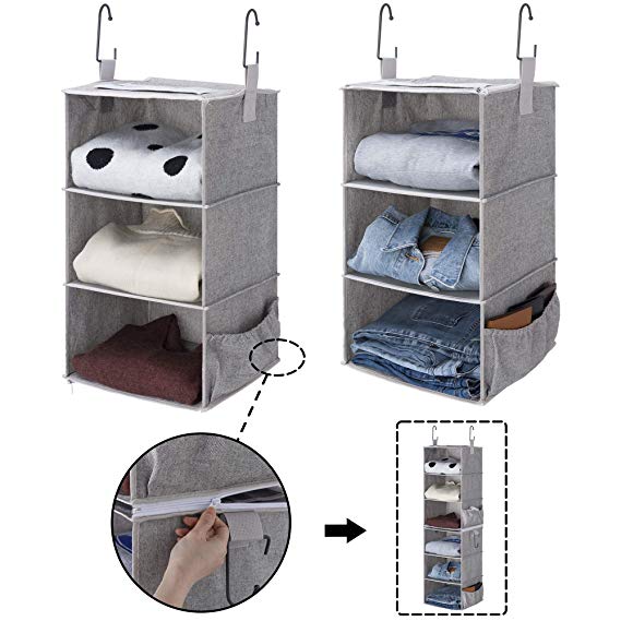 StorageWorks 2PCS 3-Shelf Hanging Closet Organizers, Collapsible Closet Hanging Shelves for Clothes and Shoes, Polyester Canvas, Gray, 12"x12"x21"