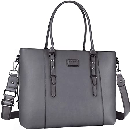 MOSISO Laptop Tote Bag (Up to 15.6 Inch), PU Leather Large Capacity Business Work Office Shoulder Briefcase Handbag Compatible with MacBook & Notebook with Padded Compartment, Gray