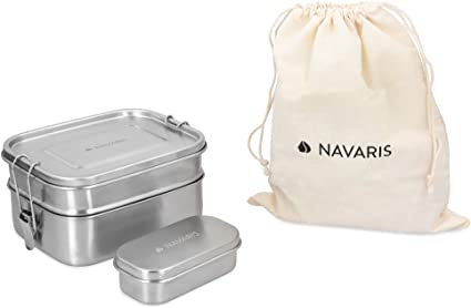 Navaris Large Steel Lunch Box - 2 Tier Stainless Steel Sandwich, Snack, Lunch, Food Storage Container - Bento Box with Bag