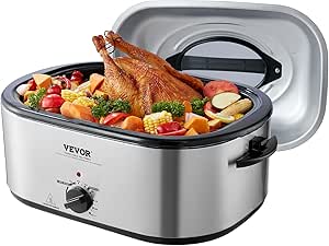 VEVOR Electric Roaster Oven, 24 QT Turkey Roaster Oven with Self-Basting Lid, 1450W Roaster Oven with Defrost & Warm Function, Adjustable Temp, Removable Pan & Rack, Fits Turkeys Up to 28LBS, Silver