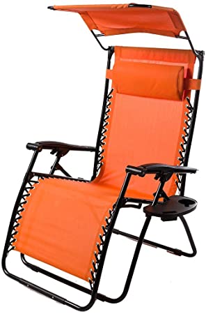 Plow & Hearth Outdoor Deluxe Zero Gravity Chair with Canopy, Adjustable Patio Recliner with Table and Drink Holder, 65 L x 29.5 W x 44 H - Orange