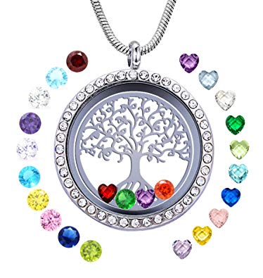 JOLIN Family Tree of Life Floating Charm Living Memory Lockets Necklace DIY Stainless Steel Pendant with 24 Birthstones