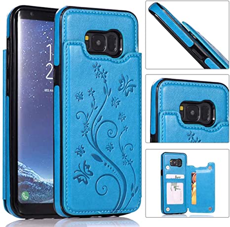 Aprilday Galaxy S8 Wallet Case,Samsung S8 Case[Butterfly Flower &Kickstand Feature] Premium PU Leather Wallet case with [2-Slots] ID&Credit Cards Pocket Flip Shockproof Protective Cover - Blue