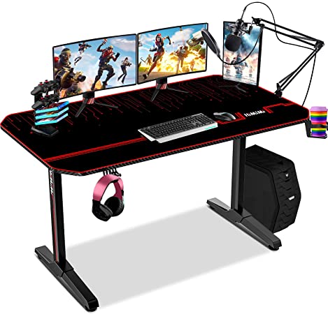 Gaming Desk 55 Inch PC Computer Desk with Free Mouse pad & Gaming Handle Rack, T-Shaped Ergonomic Racing Pro Gamer Workstation with Cup Holder and Headphone Hook for Home Office