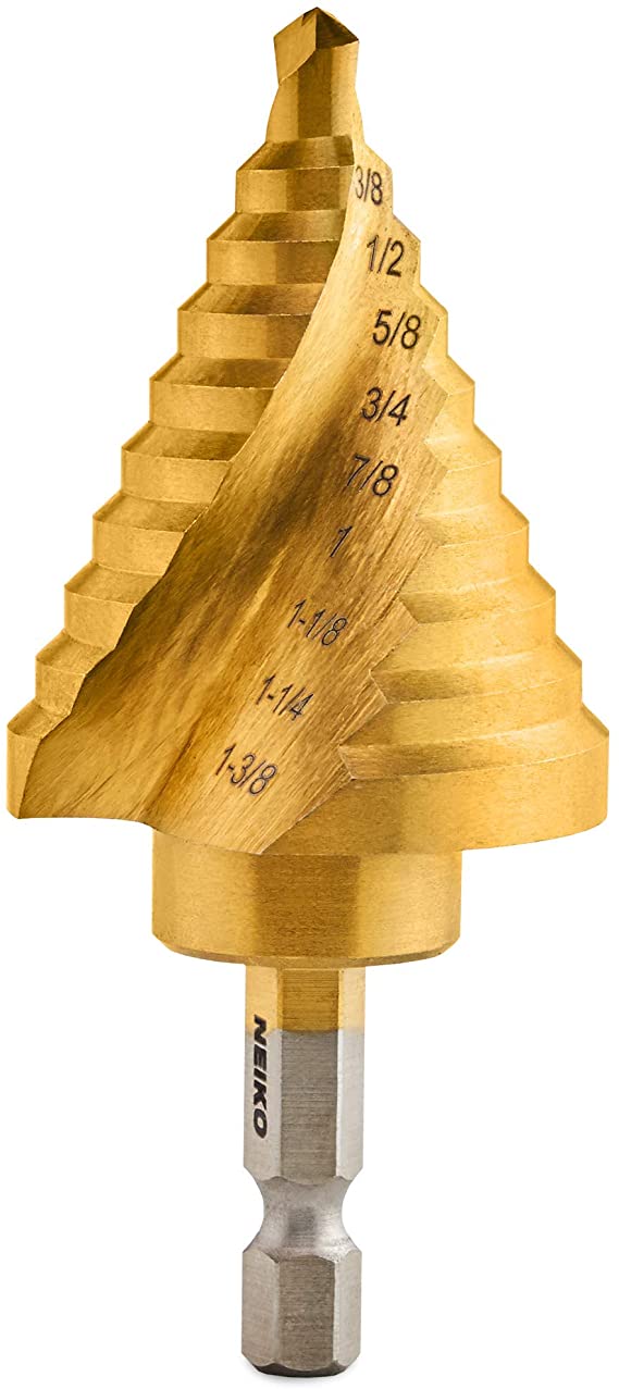 NEIKO 10174A Quick Change Spiral Grooved Step Drill Bit | 10 Step Drill Bit Sizes In One - 1/4" to 1-3/8" | High-Speed Steel and Titanium Nitride Coating | Two-Flute Design …