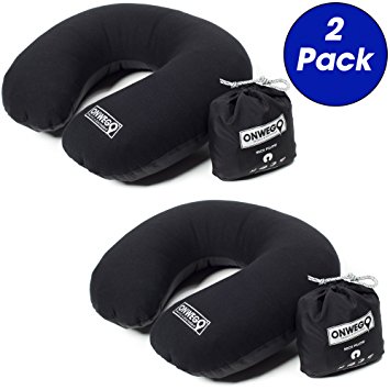Soft-Top Inflatable Neck Pillow for Travel - Our Super Soft, No-Sweat Fabric and Perfect for the Airplane, Car, Bus or Train by ONWEGO (2-PACK)