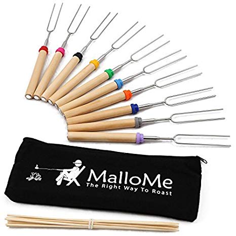 MalloMe Marshmallow Roasting Smores Sticks & Hot Dog Fork 32 Inch- Kids Camping Accessories for Campfire Fire Pit Cooking -Free Storage Bag, 10 Bamboo Skewers, Ebook