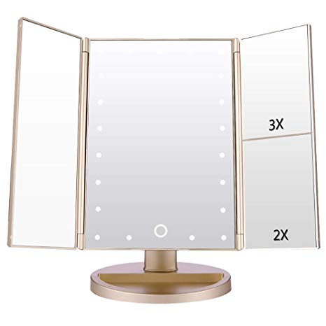 Easehold Vanity Makeup 2X 3X Magnifiers 21 LED Lights Tri-Fold 180 Degree Adjustable Countertop Cosmetic Bathroom Mirror, Gold