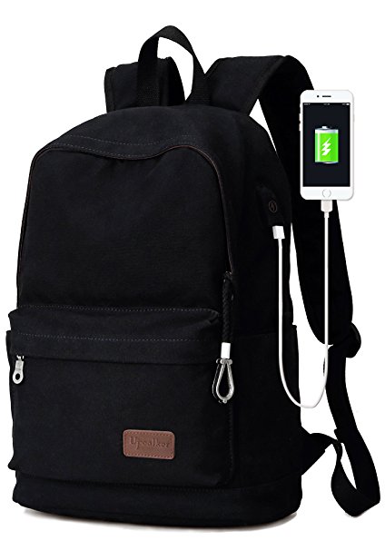 Upoalker Canvas Backpack with USB Charging Port for School Bookbag Travel Daypack for Fits up to 15.6 inch Laptop