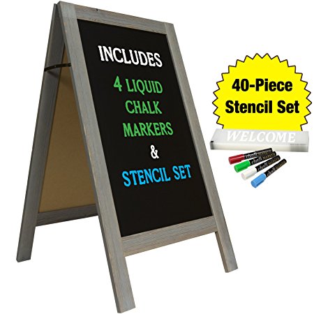 Large Sturdy Handcrafted 40" x 20" Wooden A-Frame Chalkboard Display / 4 LIQUID CHALK MARKERS & STENCIL SET / Sidewalk Chalkboard Sign Sandwich Board / Chalk Board Standing Sign (Whitewash Grey)