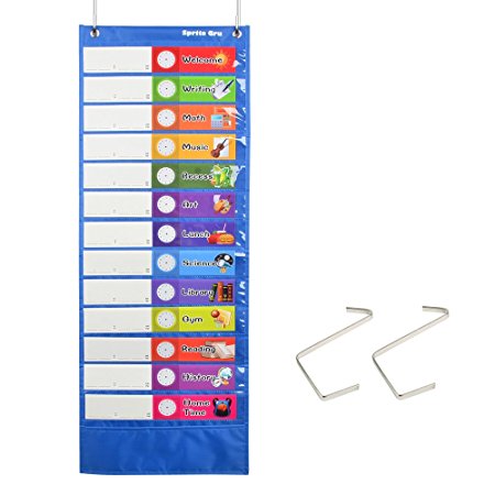 Daily Schedule Pocket Chart， Class Schedule with 26 Cards , 13 1 Pockets. 13 colored   13 blank double-sided reusable Cards, Easy Over-door Mountings included. (13” x 36”)