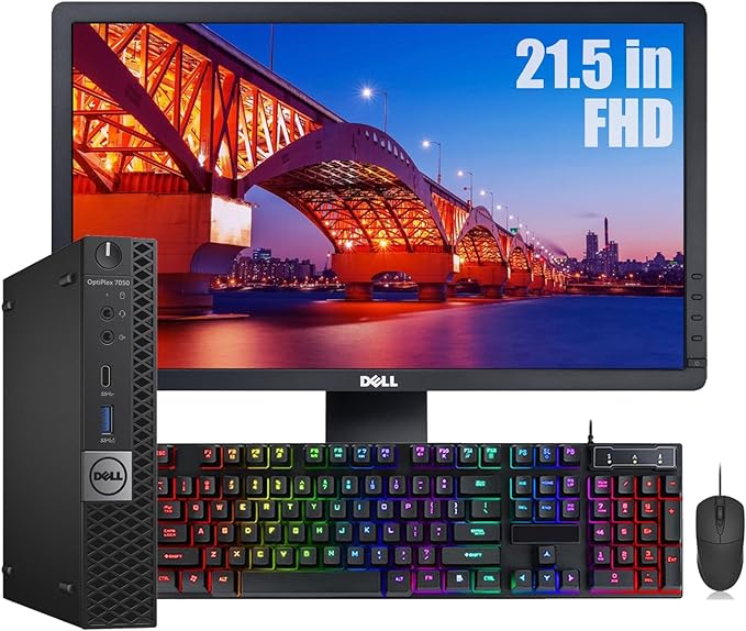 Dell OptiPlex 7050 Mini PC Micro Computer w/ 21.5in LCD Monitor, Intel Core 7th 3.4GHz, 16GB RAM, 256GB SSD, TF200 RGB Wired Keyboard, WiFi, Bluetooth, Win10 pro(Renewed)