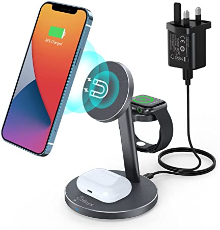 Hinyx Mag-safe Wireless Charger - Magnetic Charging Station for iPhone 13 Pro Max/13/13 Mini/12/12 Pro/12 Pro Max/12 Mini, iWatch 7/6/ SE/5/4/3/2, AirPods 2/ Pro (with QC 3.0 Adapter)
