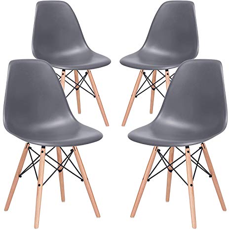 Nicemoods Armless Classic Eames Plastic Chair, Mid Century Modern Style Dining Chairs Indoor Wooden Legs Set of 4 for Kitchen, Dining Room, Bedroom, Living Room Side Chairs (Grey)