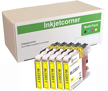 Inkjetcorner Compatible Ink Cartridges Replacement for LC203Y LC203XL for use with MFC-J460DW MFC-J480DW MFC-J485DW MFC-J680DW MFC-J880DW MFC-J885DW (Yellow, 5-Pack)