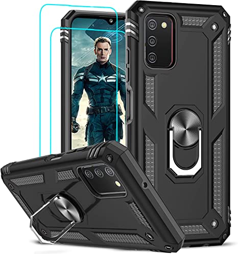 LeYi for Samsung Galaxy A03S Phone Case with 2 Pack Tempered Glass Screen Protector, Magnetic Ring Kickstand Holder for Men Military Bumper Hard TPU Lifeproof Full Body Silicone Protective Cover for Men Samsung Galaxy A03S Black