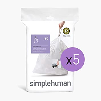 simplehuman Code R Custom Fit Drawstring Trash Bags, 10 Liter / 2.6 Gallon, White, 100 Count