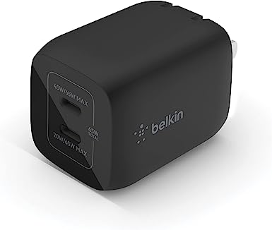 Belkin 65W Dual USB-C Wall Charger, Fast Charging Power Delivery 3.0 with GaN Technology for iPhone 14, 13, Pro, Pro Max, Mini, iPad Pro 12.9, MacBook, Galaxy S23, S23 , Ultra, Tablet, More - Black