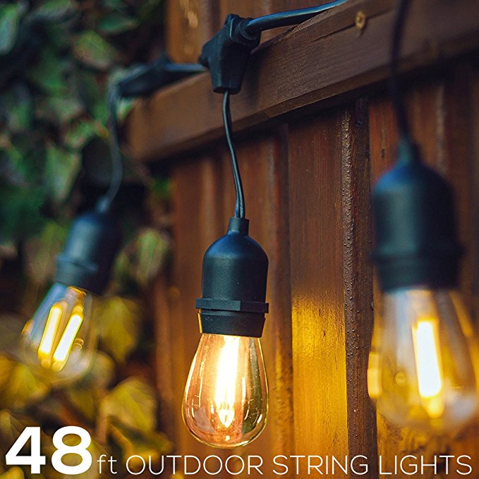 48Ft Outdoor String Lights, UL listed Patio Lights, Hanging Sockets with 11S14 Edison Vintage Bulbs