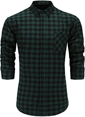 Emiqude Men's 100% Flannel Cotton Slim Fit Long Sleeve Plaid Button Down Dress Shirt XL Green Black
