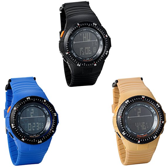 JewelryWe Lot of 3 Mens Multi-Functional Outdoor Wristwatch Digital Compass Sport Watch for Boyfriend (Blue Black Coffee)
