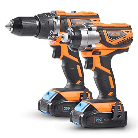 VonHaus Cordless Impact Drill and Impact Driver Set with 2 x 1.5Ah Li-ion 20V Max Batteries, 1 x Charger, 13pc Bit Set & Power Tool Bag - Both Include a Keyless Chuck & Ergonomic Rubber Grip