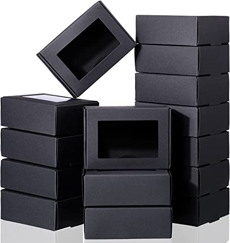 100 Pieces Soap Packaging Boxes Kraft Mini Paper Box with Window Present Packaging Box Treat Box for Homemade Soap Favor Treat Bakery Candy, 3.34 x 2.36 x 1.18 Inch(Black)