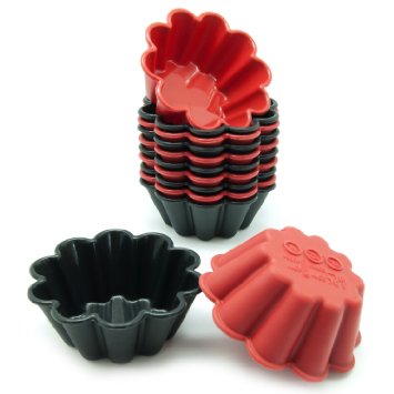 Freshware CB-305RB 12-Pack Silicone Flower Reusable Cupcake and Muffin Baking Cup, Black and Red Colors