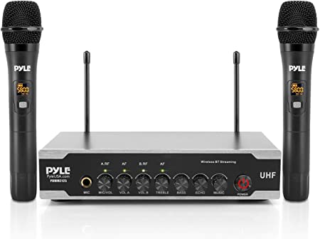 Portable Uhf Wireless Microphone System - Battery Operated Dual Bluetooth Cordless Microphone Set, Includes 2 Handheld Transmitter mic, Receiver Base, Aux, RCA, For PA Karaoke DJ Party - Pyle PDWM2125