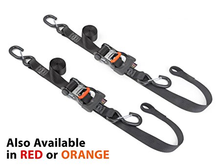 1½" x 6½ft PowerTye Made in USA Ergonomic Locking Ratchet Soft-Tye Tie-Downs with Heavy-Duty Latch Hooks, Black/Black (pair)