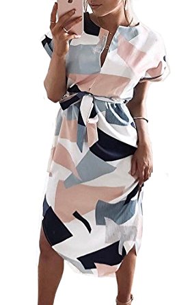 Pxmoda Women's 3/4 Sleeve Geometric Print Elastic Waist Belt Dress