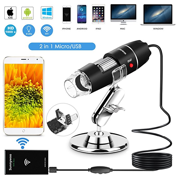 Wifi USB Microscope 1000x Digital Handheld Microscope Wifi Endoscope 8 LED with 2 in 1 Micro USB Support for Android Smartphone, iPhone, Tablet, Widows by Sunnywoo