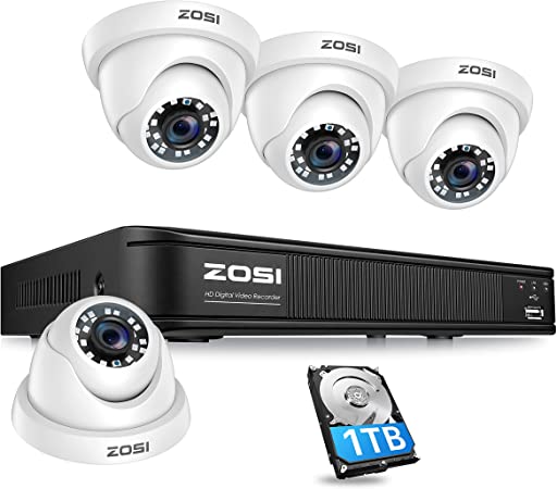 ZOSI H.265  5MP 2K Security Camera System for Home, 4CH CCTV DVR with Hard Drive 1TB for 24/7 Recording, 4X 5MP (1920P) Surveillance Dome Camera Indoor Outdoor,80ft Night Vision, Motion Alerts