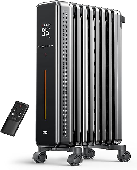 Dreo Radiator Heater, 1500W Portable Space Oil Filled Heater with Remote Control, 4 Modes, Overheat & Tip-Over Protection, 24h Timer, Quiet, Large Space, Anti-scald Handle, Large Carpet Caster, Indoor