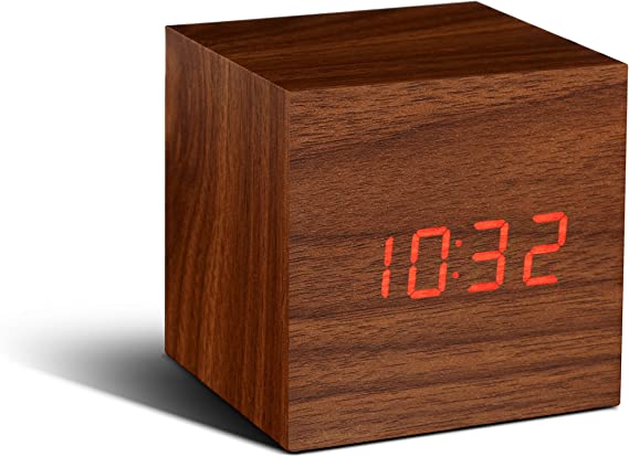 Gingko Cube Click Clock 2.5" x 2.5" Walnut /Red LED Alarm Clock