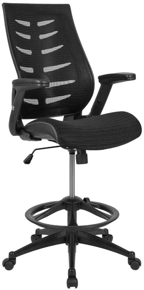 Flash Furniture High Back Black Mesh Spine-Back Ergonomic Drafting Chair with Adjustable Foot Ring and Adjustable Flip-Up Arms