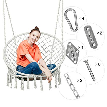 Greenstell Hammock Chair Macrame Swing with Hanging Kits, Hanging Cotton Rope Swing Chair, Comfortable Sturdy Hanging Chairs for Indoor, Outdoor, Home, Patio, Yard, Garden, 330LBS Capacity (Beige)