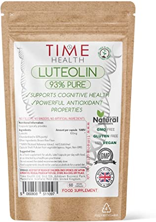 Luteolin - Standardised to 93% Purity - 60 x 100mg Capsules - Supports Cognitive Health & Longevity - GMP Standards - UK Made - Vegan (60 Capsule Pouch)