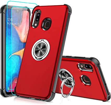 Samsung A20 Case, Samsung Galaxy A20 Case with 2 Tempered Glass Screen Protector, LeYi Military-Grade Shockproof Built-in Ring Holder Car Mount Protective Case for A20, Red