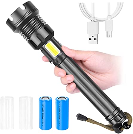 Upgraded LED Flashlight, Xhp90, 90000 Lumens, Zoomable & 3 Modes Lighting, OUTERDO,Torch with 26650 Battery & USB Rechargeable, Suitable for Outdoor Hiking Camping or Home Emergency （Black)