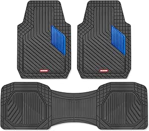 Motor Trend MetallicGuard Car Floor Mats Full Set - Durable Rubber Floor Mats with Blue Metallic Heel Pad, All-Weather Interior Protection for Front and Rear with Non-Slip Backing