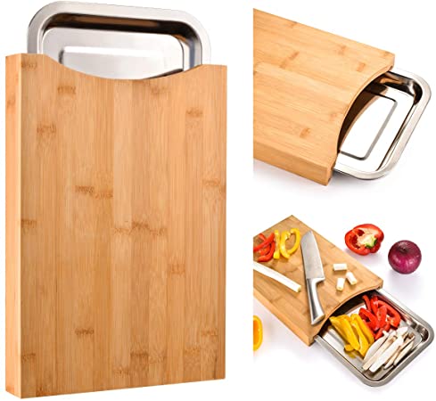 Cutting Board with Containers Sliding Stainless Steel Tray Drawer Bamboo for Kitchen Easy Waste Removal & Food Prep, Bamboo Chopping Board Wood Butcher Block