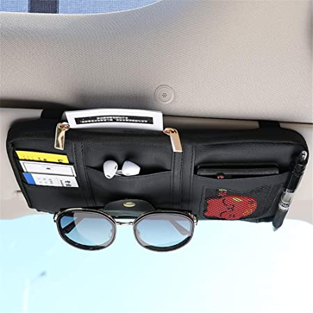Cartisen Car Sun Visor Organizer, Auto Interior Accessories Pocket Organizer-Car Truck SUV Leather Storage Pouch Holder - with Multi-Pocket Net Zipper (Black)