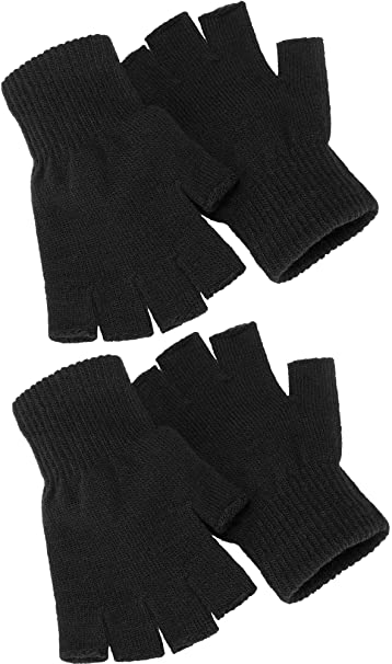 Satinior 2 Pair Unisex Half Finger Gloves Winter Stretchy Knit Fingerless Gloves in Common Size