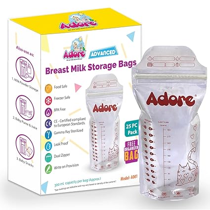 Adore Milk Storage Bags- Ready to Use Breast Milk Storing Bags for Breastfeeding, Self Standing Bag for Long and Safe Storing (300ml - 25Pack)