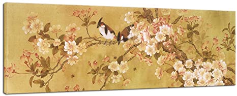 Pyradecor Giclee Canvas Prints Wall Art Birds on Blooming Trees Floral Pictures Paintings for Living Room Bedroom Home Decorations Large Modern Stretched and Framed Brown Grace Flowers Artwork L