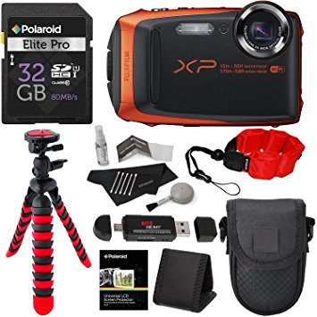 Fujifilm FinePix XP90 Waterproof digital camera (Orange), 32GB Class 10, Memory Card Reader, 12" Tripod, Camera Case, Polaroid Floating Foam Strap Red, Polaroid Cleaning Kit & Accessory Bundle