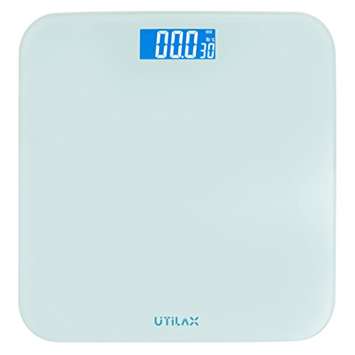 Digital Body Weight Bathroom Scale by Utilax, Show Room Temperature, Sleek Design, Backlit Display, 6 mm Tempered Glass, Easy To use (White)