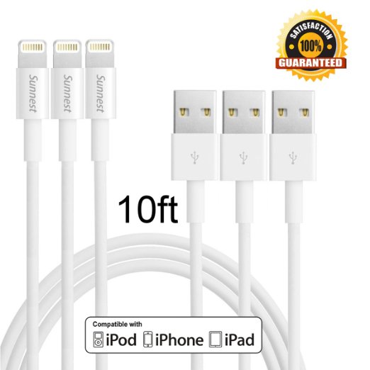 SunnestTM 3 Pack 10 Ft 8-Pin Lightning to USB Data Transfer Charging and Sync Extra Long Cable Cord for iPhone 6s plus6s6 plus65s5c5 iPad Air iPad Mini iPod Touch and iPod Nano White