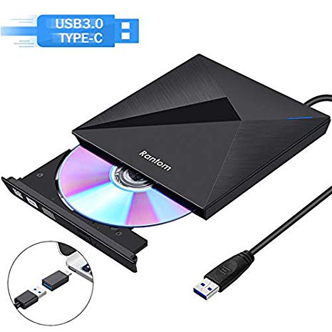 Rantom External DVD Drive,with USB 3.0 and Type-C Interface,Portable CD DVD  /-RW ROM Burner and Reader, USB Optical Drives for Laptop, Desktop, Mac, Macbook, IOS, Windows 10/8/7/XP and Linux